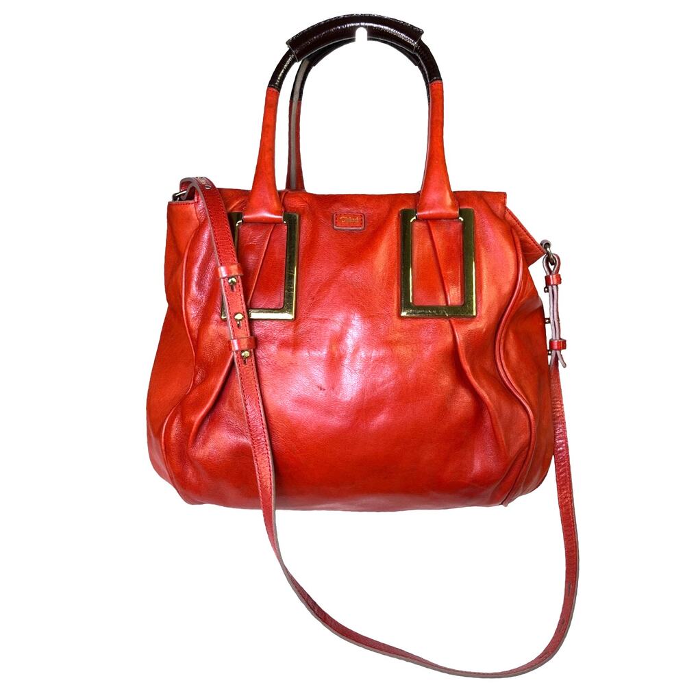 Chloé Ethel Large Red Leather Satchel Shoulder Crossbody Bag Gold Hardware
